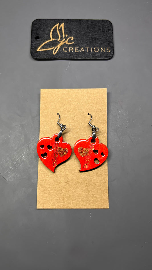 Earrings - Red Triple Heart with Gold foil