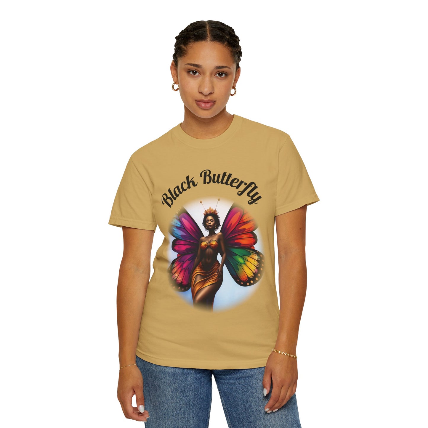 Black Butterfly T-shirt — Afro Queen Rainbow Wings Crewneck