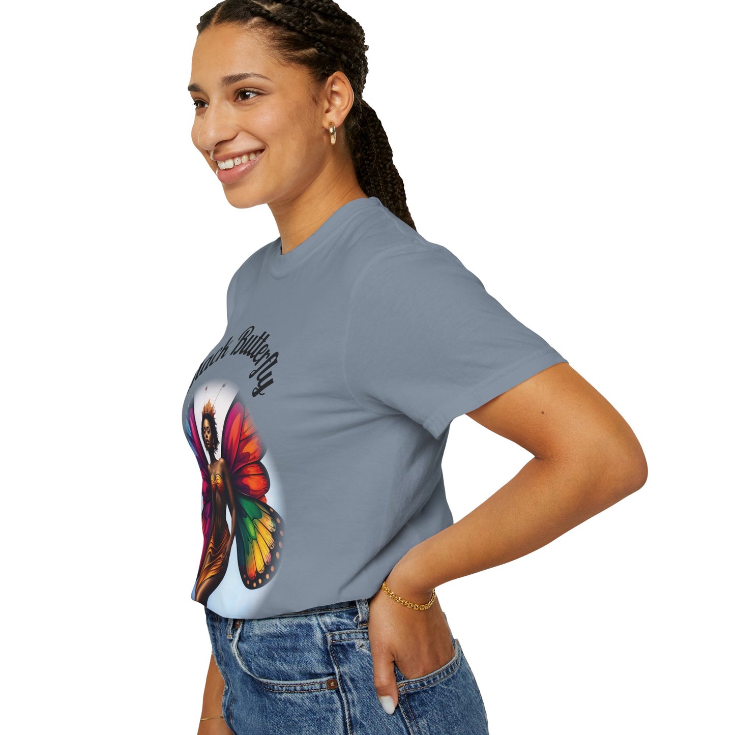 Black Butterfly T-shirt — Afro Queen Rainbow Wings Crewneck