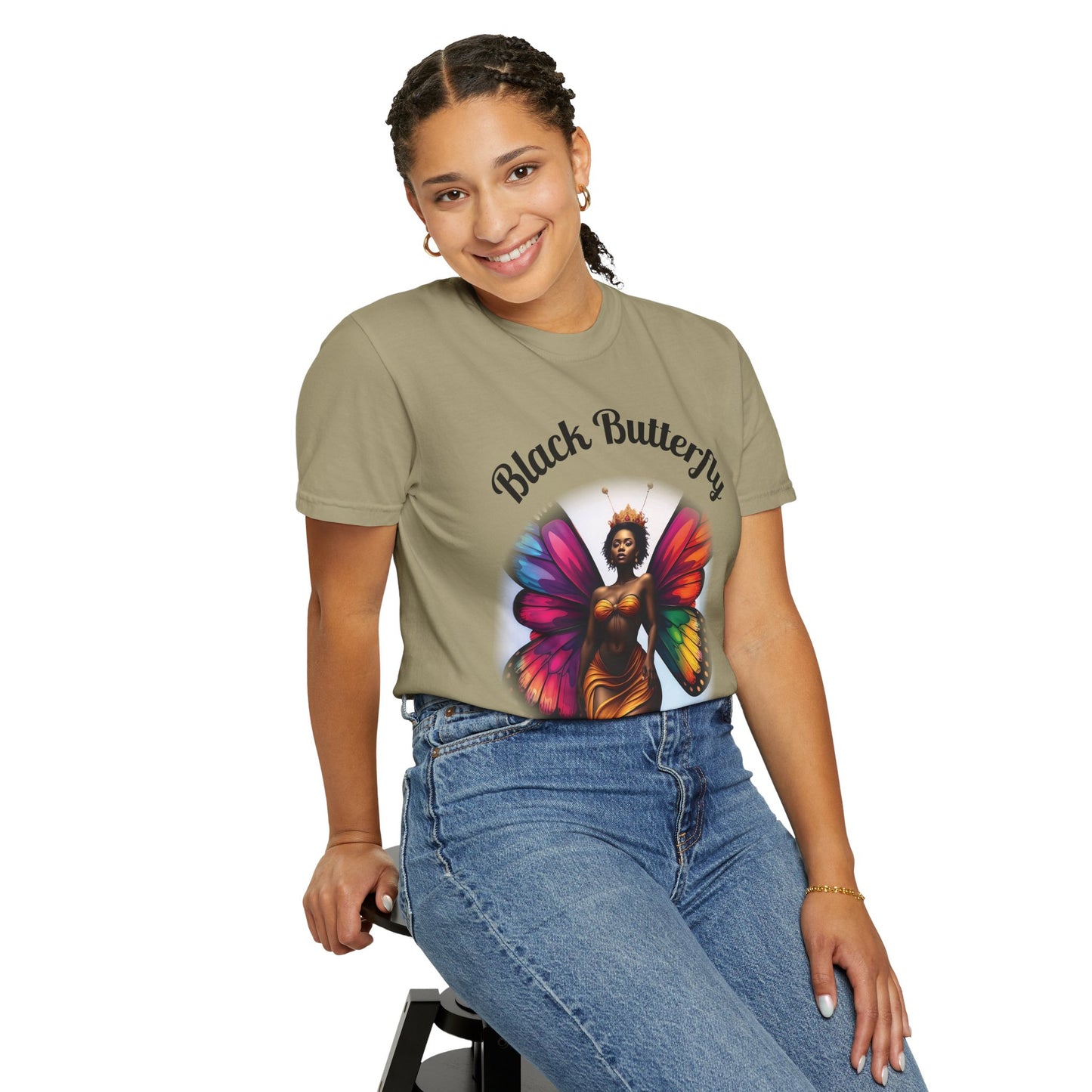 Black Butterfly T-shirt — Afro Queen Rainbow Wings Crewneck