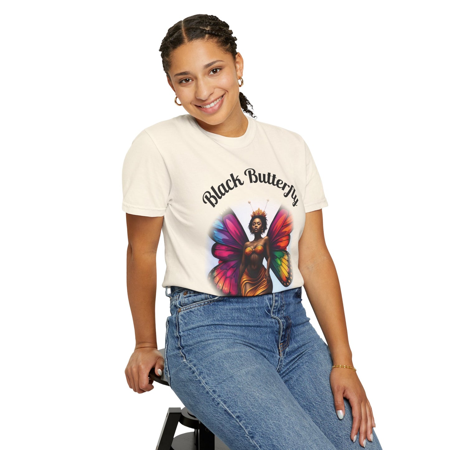 Black Butterfly T-shirt — Afro Queen Rainbow Wings Crewneck