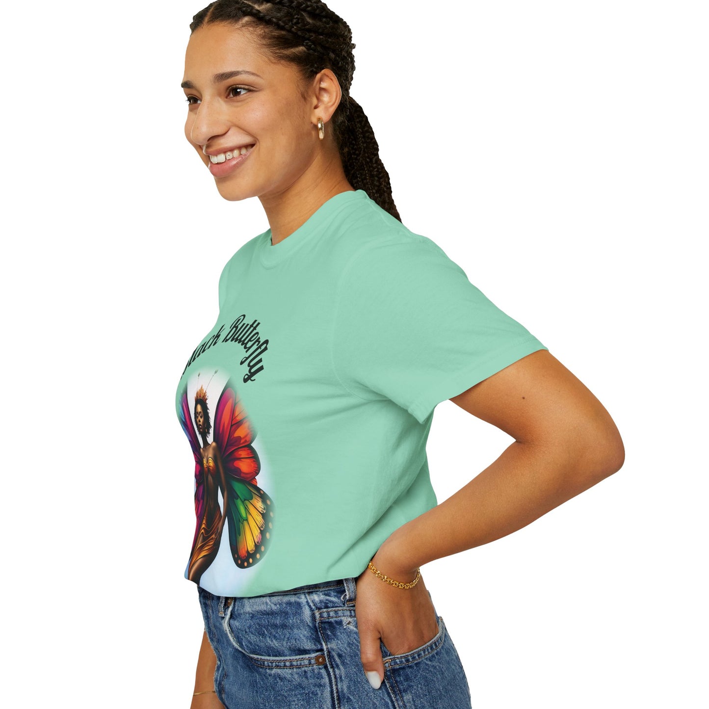 Black Butterfly T-shirt — Afro Queen Rainbow Wings Crewneck