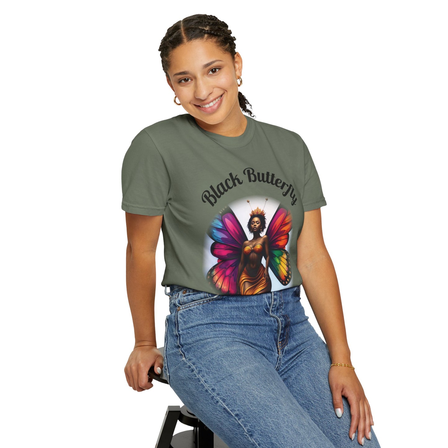 Black Butterfly T-shirt — Afro Queen Rainbow Wings Crewneck