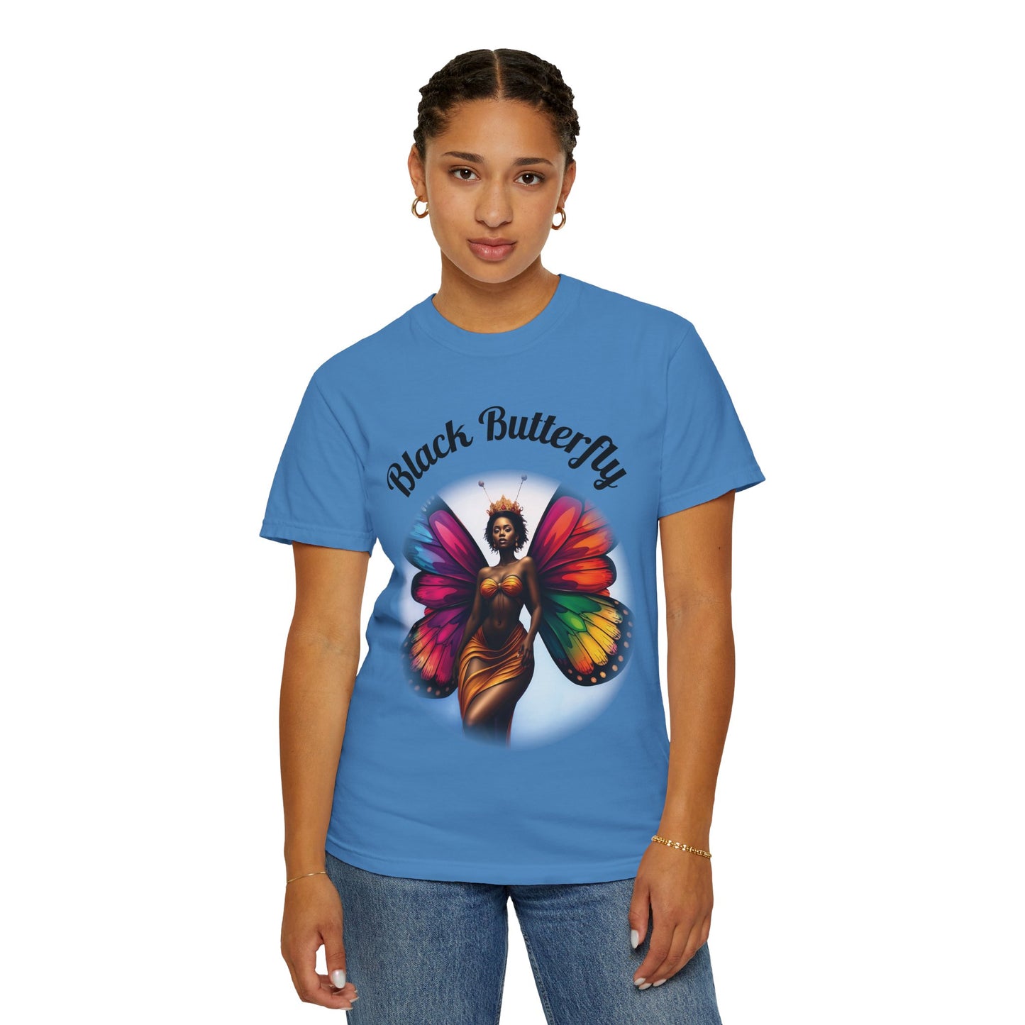 Black Butterfly T-shirt — Afro Queen Rainbow Wings Crewneck