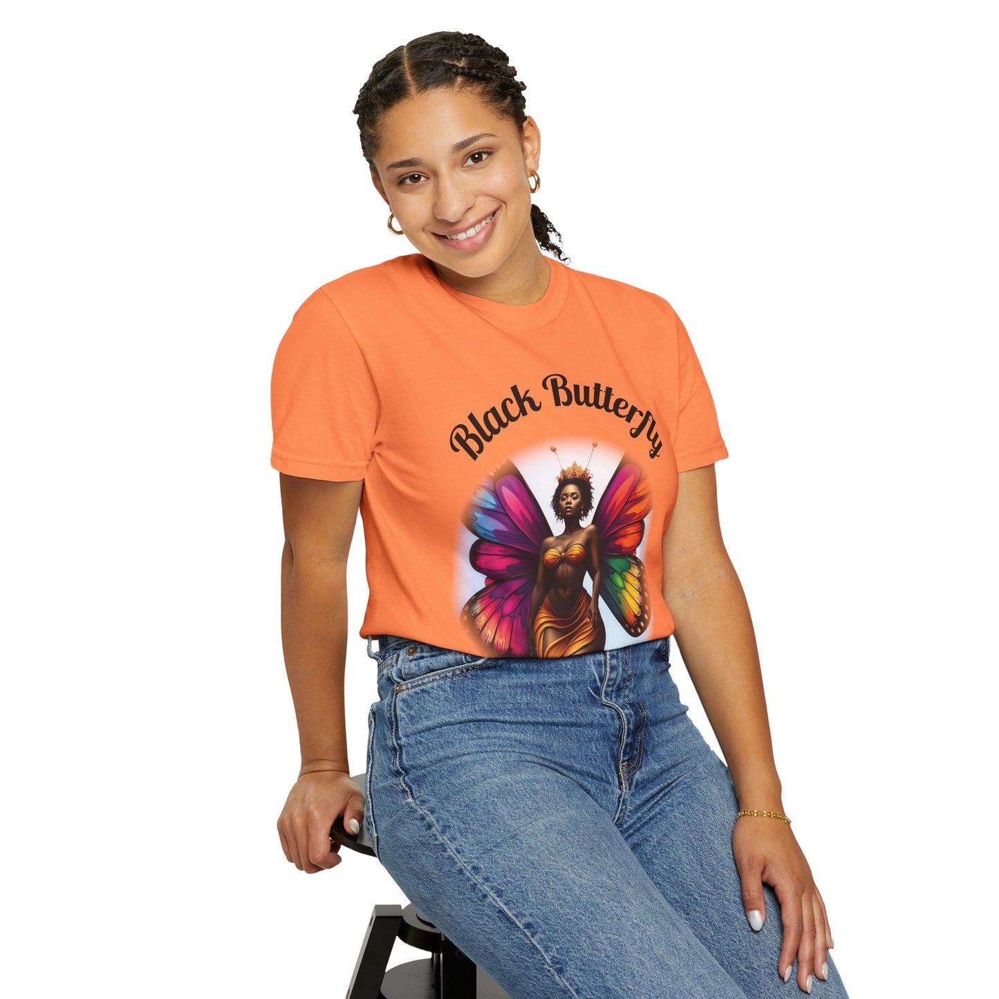 Black Butterfly T-shirt — Afro Queen Rainbow Wings Crewneck