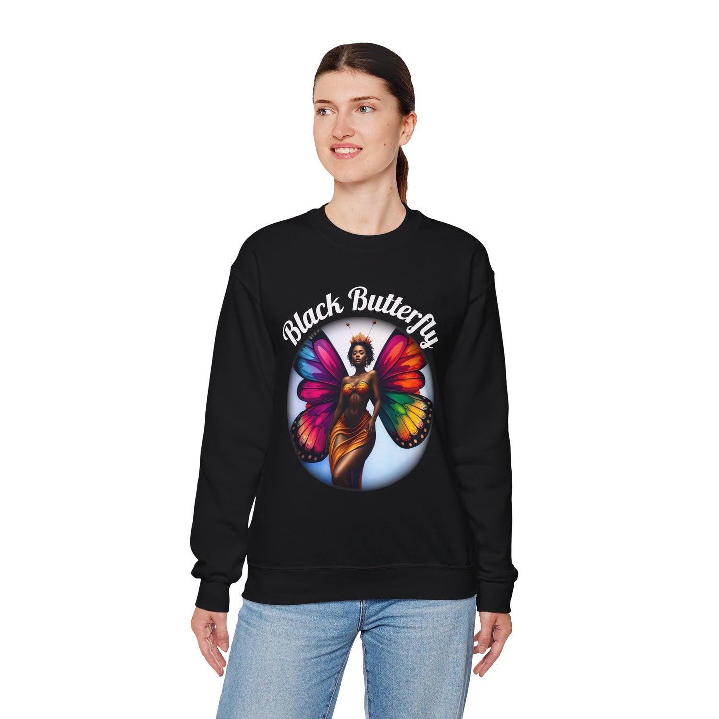 Black Butterfly Sweatshirt — Afro Queen Rainbow Wings Crewneck