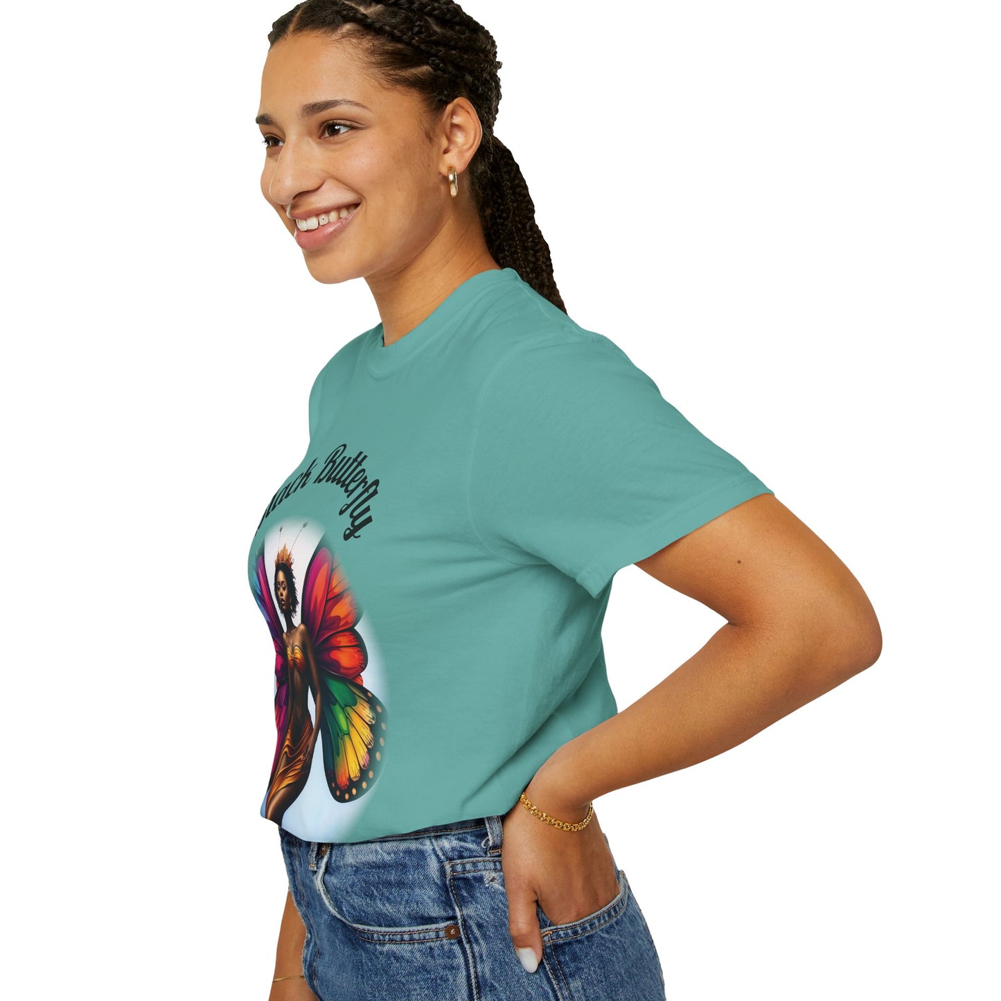 Black Butterfly T-shirt — Afro Queen Rainbow Wings Crewneck