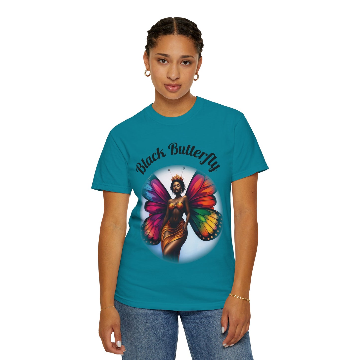 Black Butterfly T-shirt — Afro Queen Rainbow Wings Crewneck