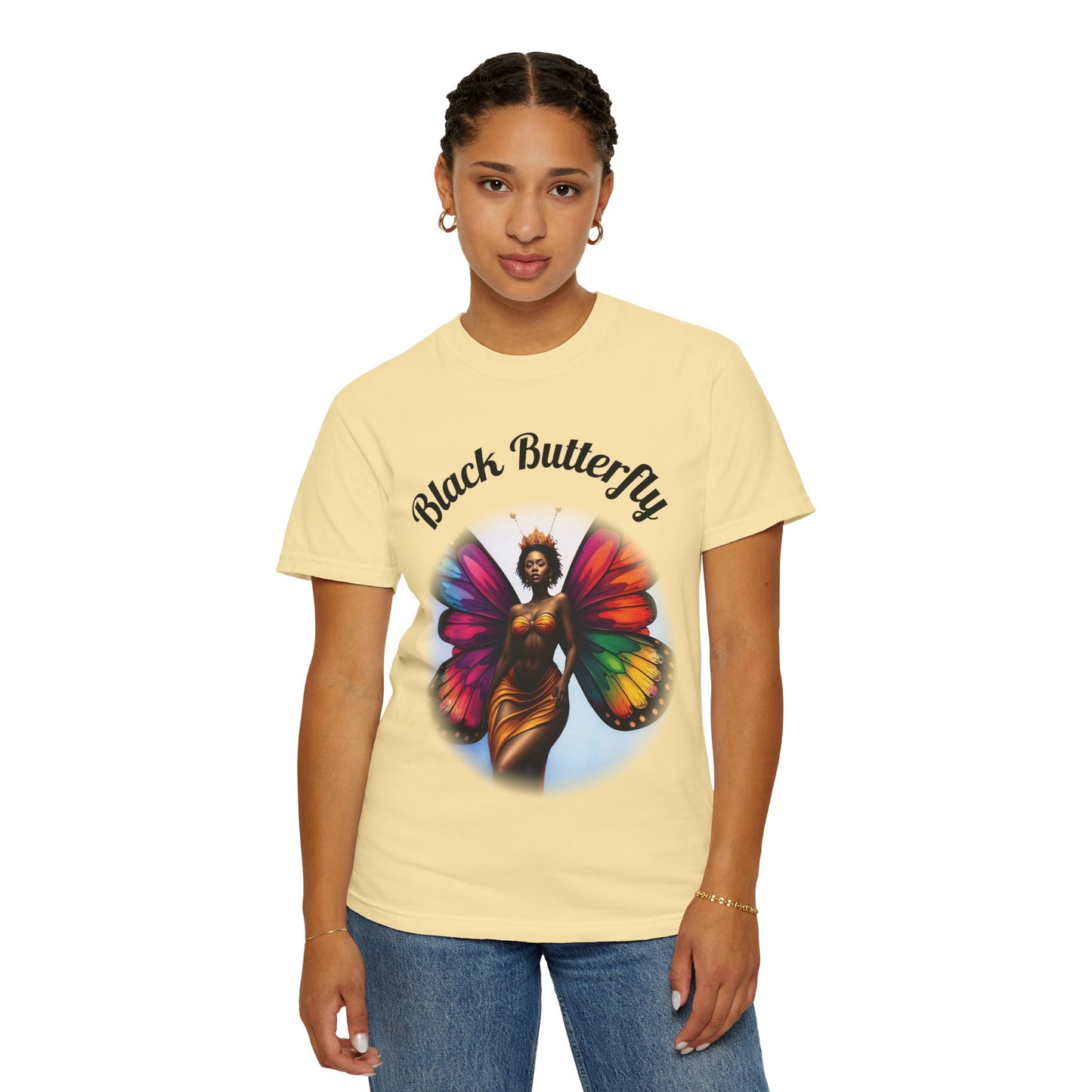 Black Butterfly T-shirt — Afro Queen Rainbow Wings Crewneck
