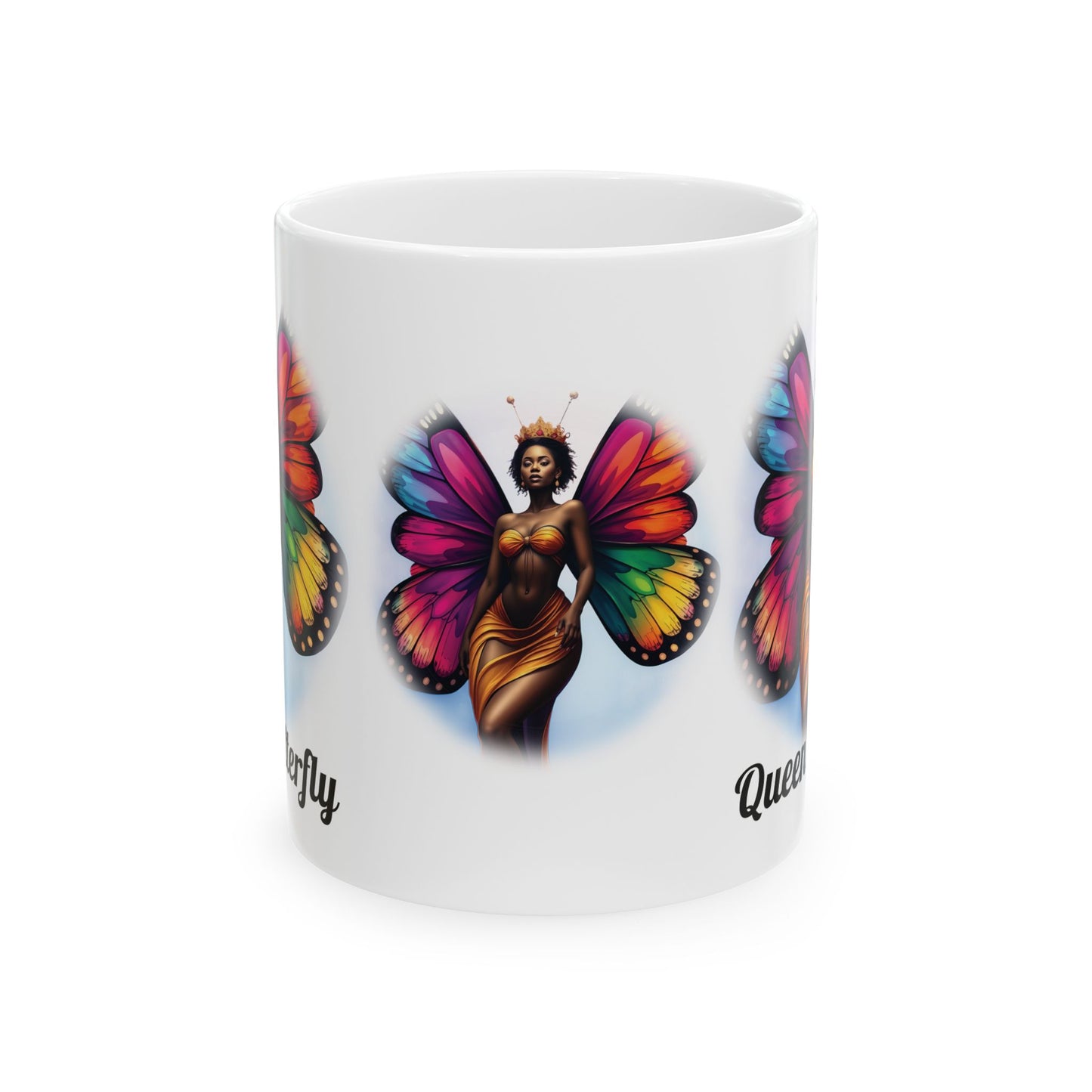 Queen Butterfly Ceramic Mug — Colorful Black Woman Butterfly Art (11oz/15oz)