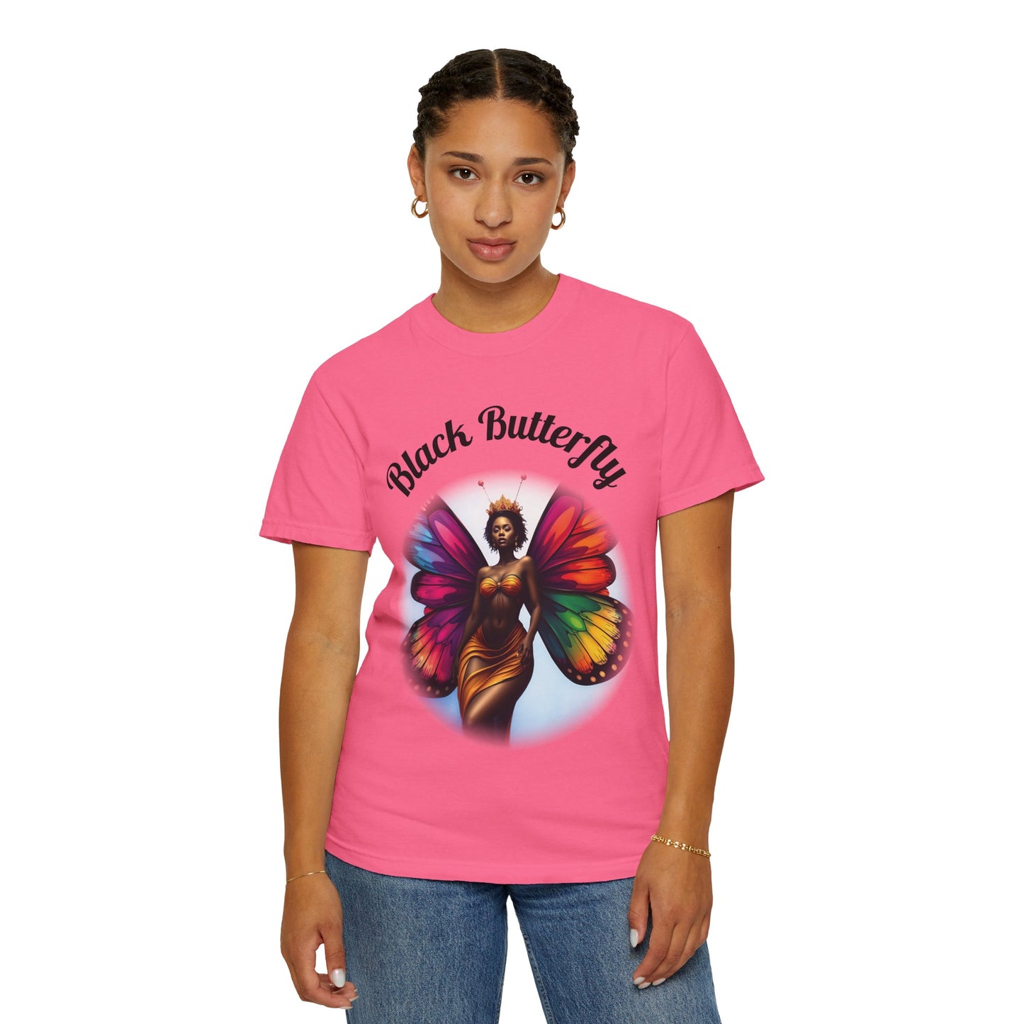 Black Butterfly T-shirt — Afro Queen Rainbow Wings Crewneck