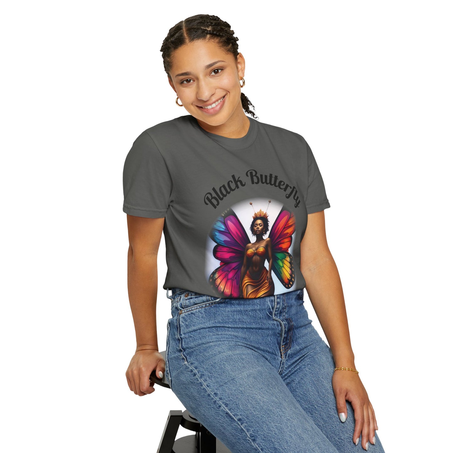Black Butterfly T-shirt — Afro Queen Rainbow Wings Crewneck