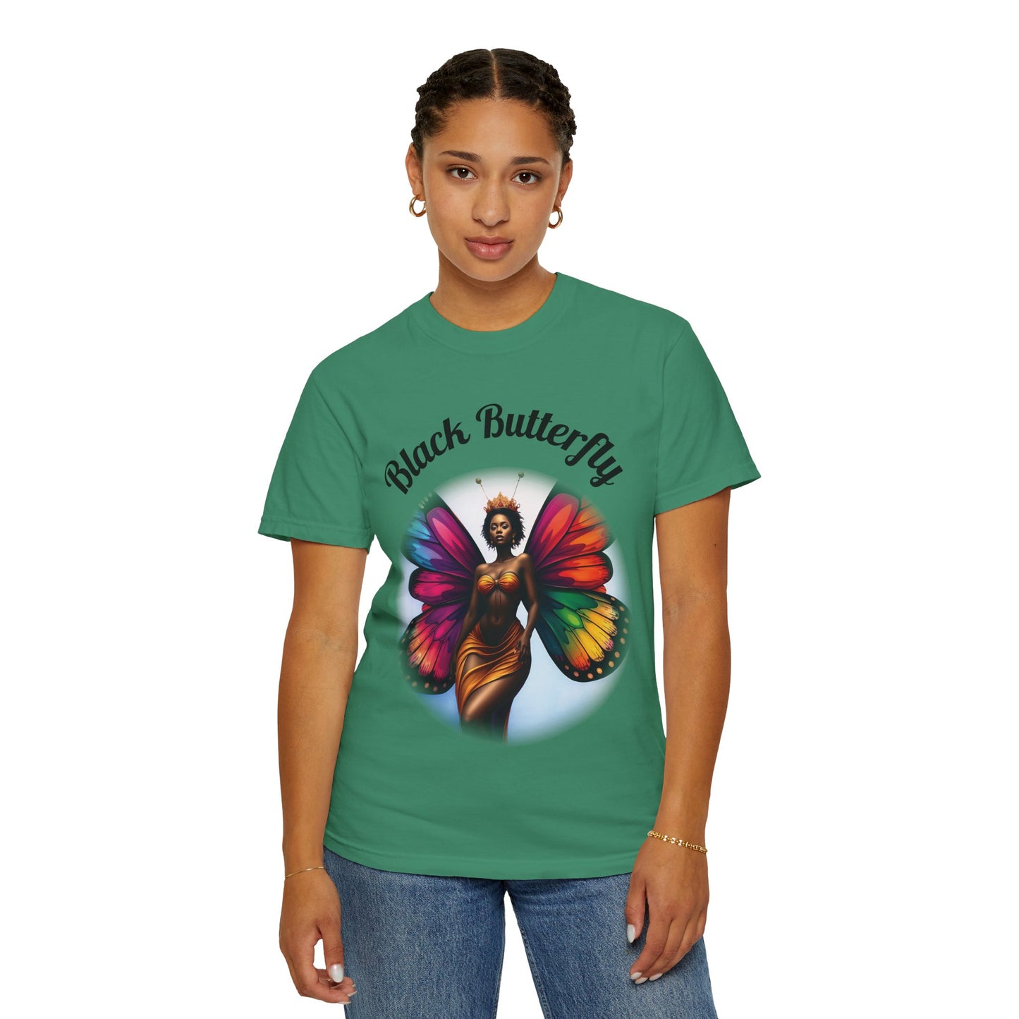 Black Butterfly T-shirt — Afro Queen Rainbow Wings Crewneck