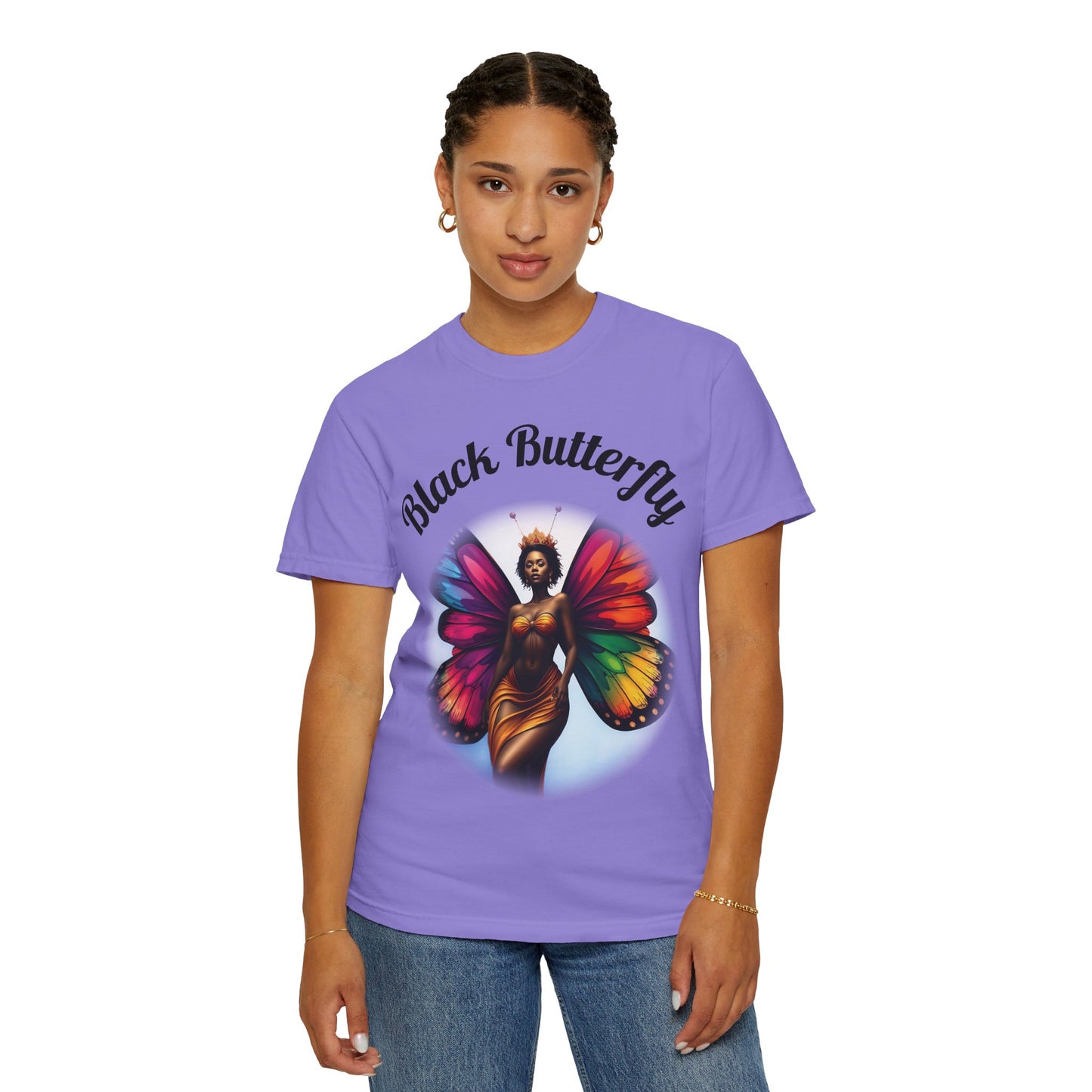 Black Butterfly T-shirt — Afro Queen Rainbow Wings Crewneck