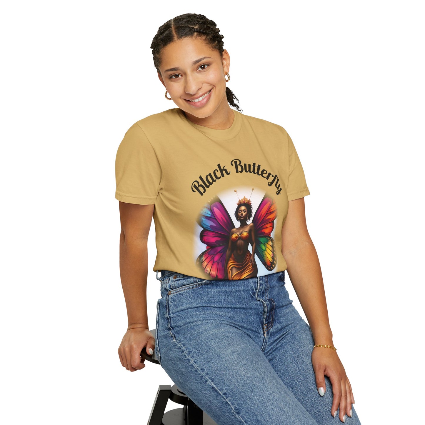Black Butterfly T-shirt — Afro Queen Rainbow Wings Crewneck