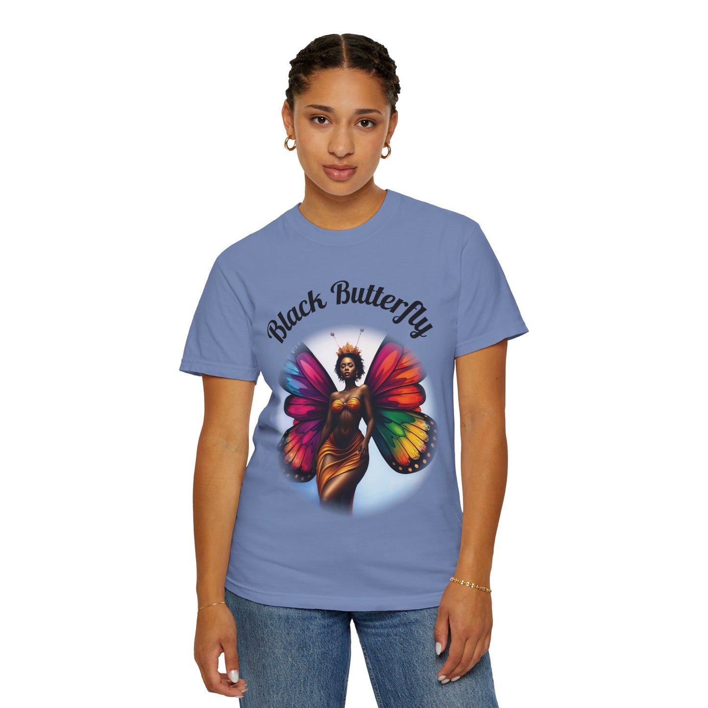 Black Butterfly T-shirt — Afro Queen Rainbow Wings Crewneck