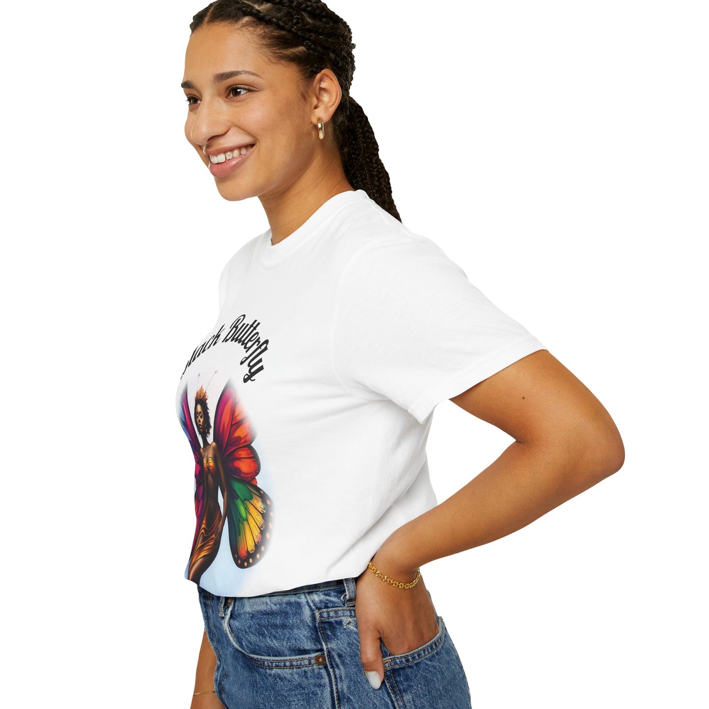 Black Butterfly T-shirt — Afro Queen Rainbow Wings Crewneck