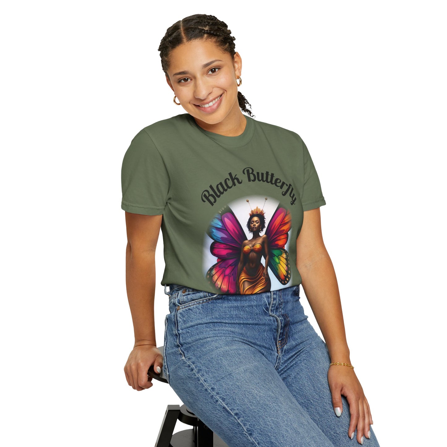 Black Butterfly T-shirt — Afro Queen Rainbow Wings Crewneck