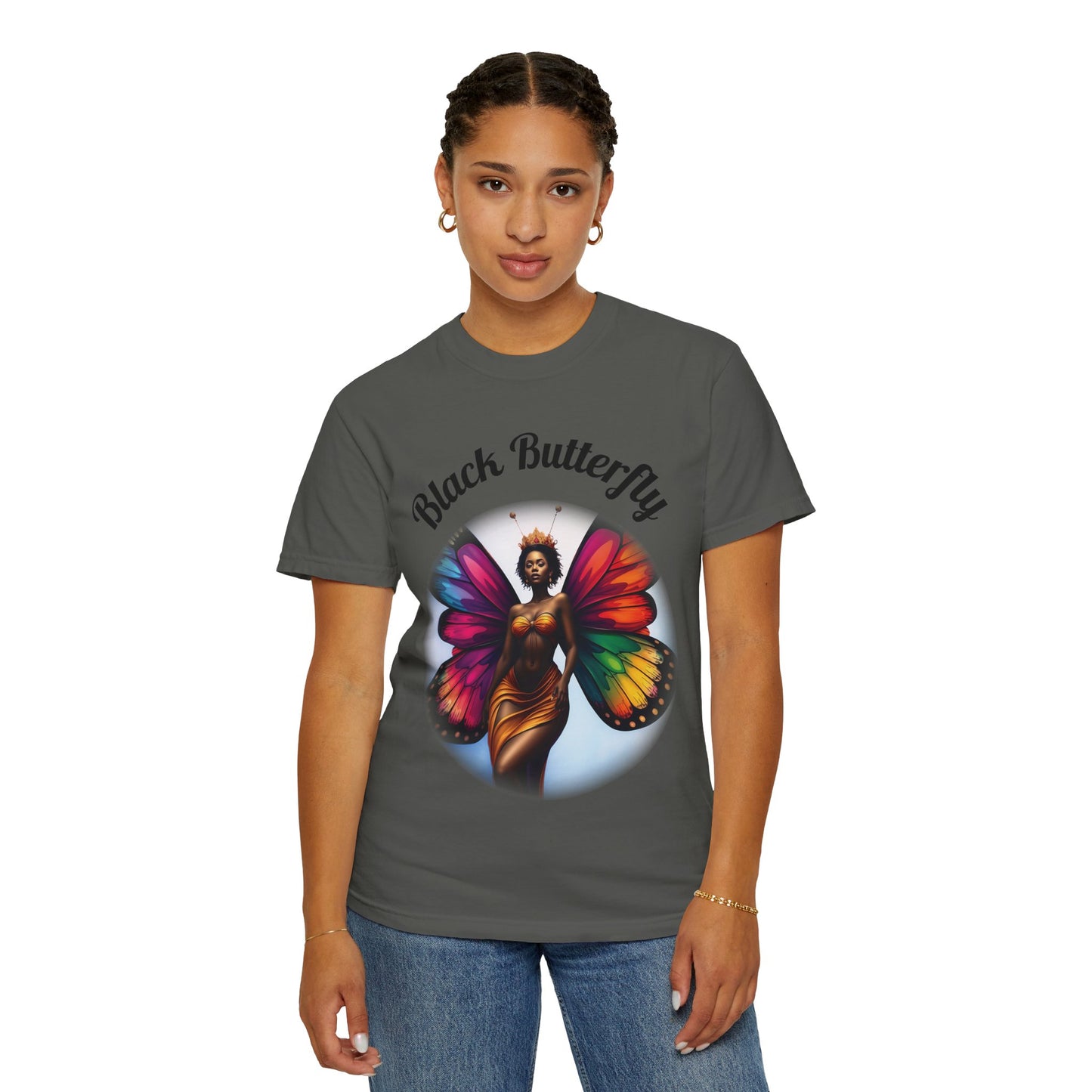 Black Butterfly T-shirt — Afro Queen Rainbow Wings Crewneck