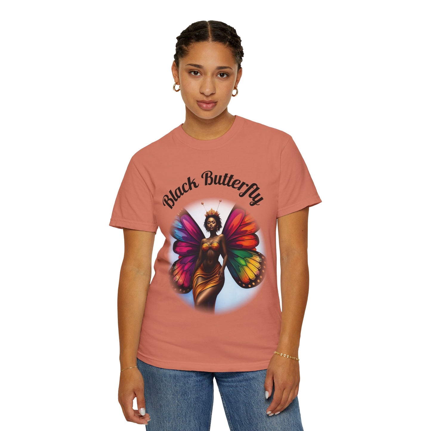 Black Butterfly T-shirt — Afro Queen Rainbow Wings Crewneck