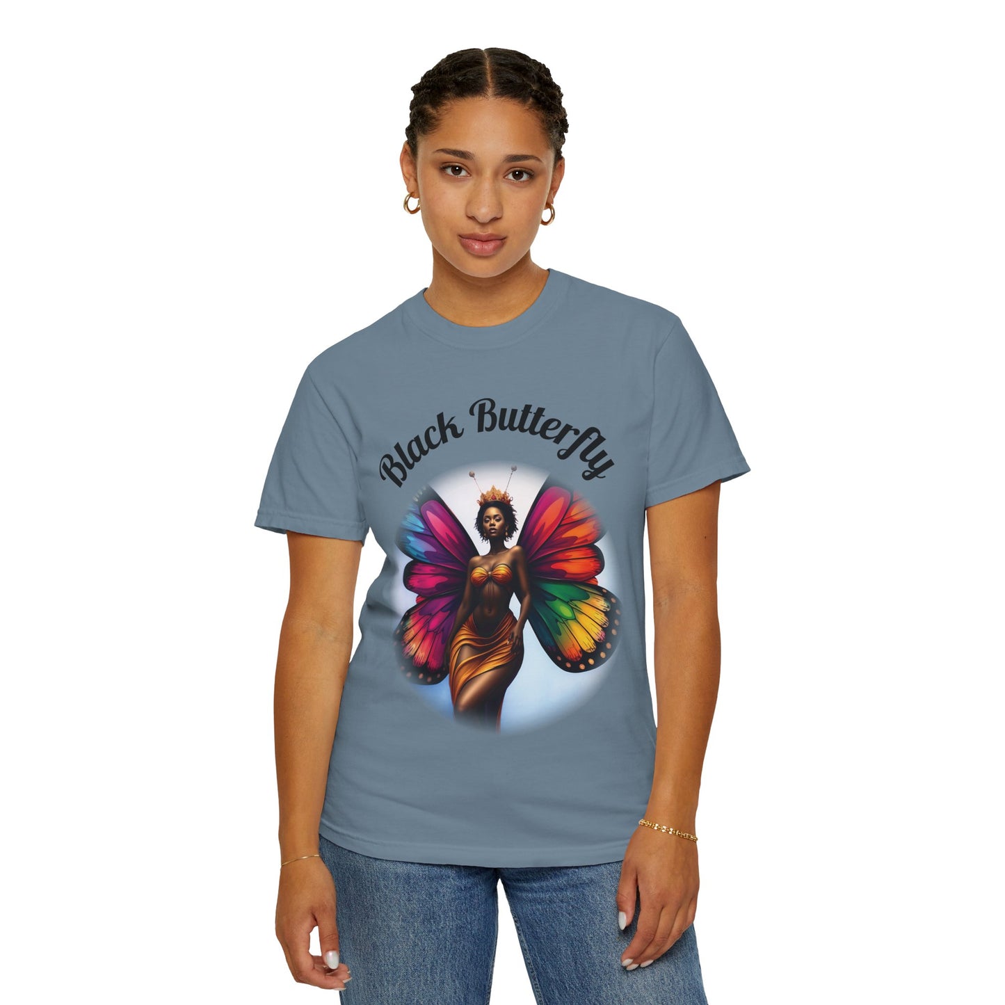 Black Butterfly T-shirt — Afro Queen Rainbow Wings Crewneck