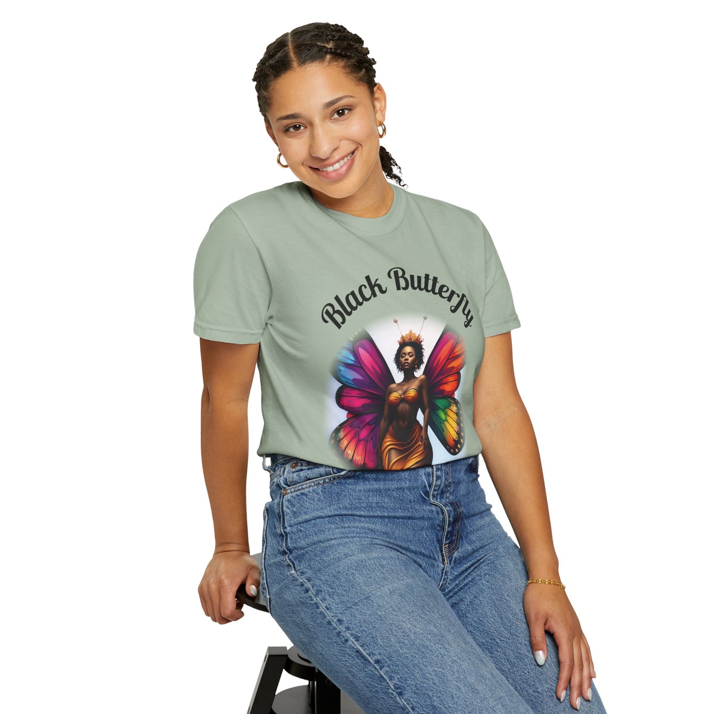 Black Butterfly T-shirt — Afro Queen Rainbow Wings Crewneck