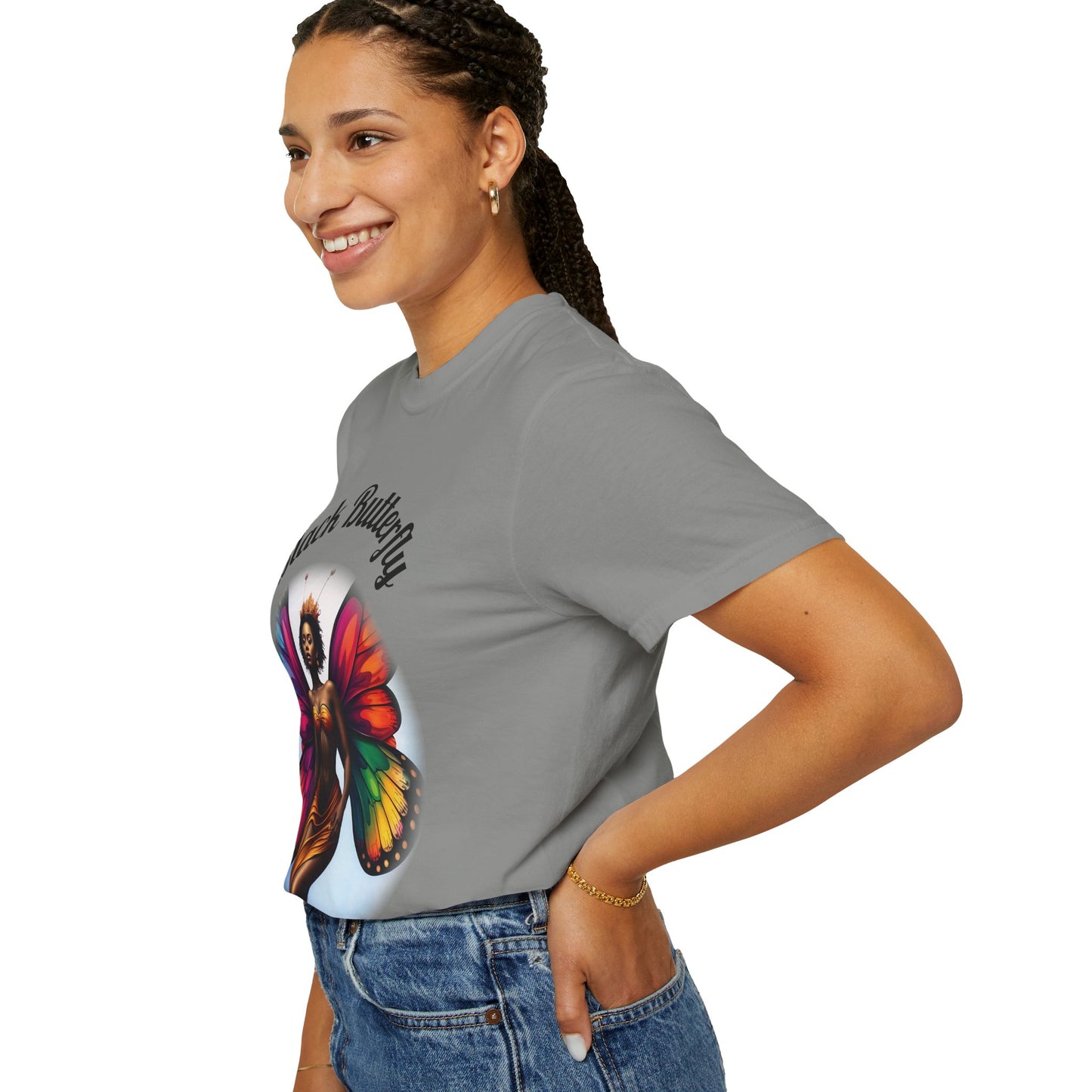 Black Butterfly T-shirt — Afro Queen Rainbow Wings Crewneck