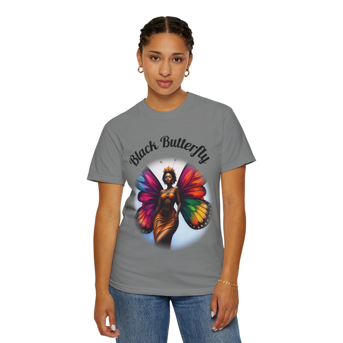 Black Butterfly T-shirt — Afro Queen Rainbow Wings Crewneck