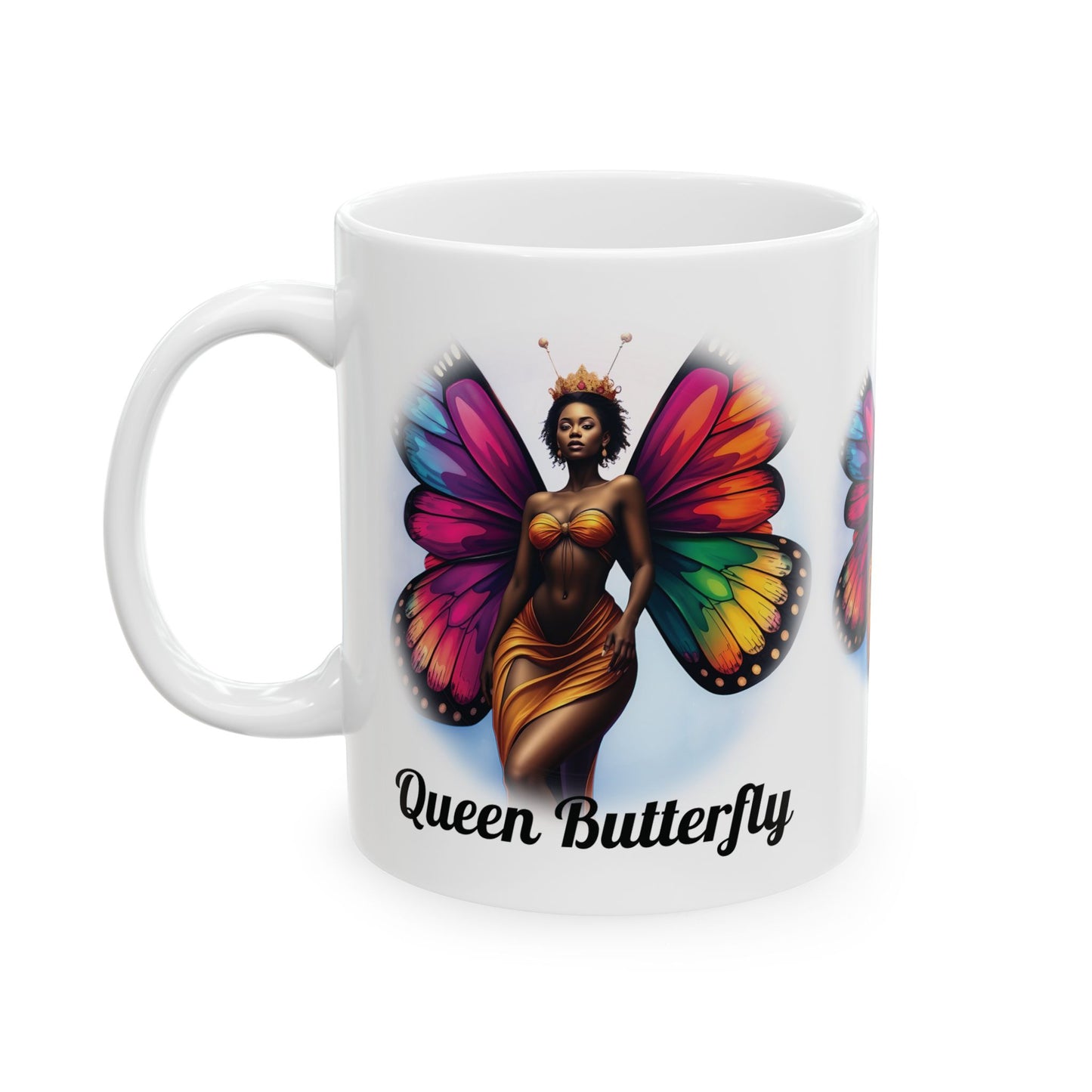 Queen Butterfly Ceramic Mug — Colorful Black Woman Butterfly Art (11oz/15oz)