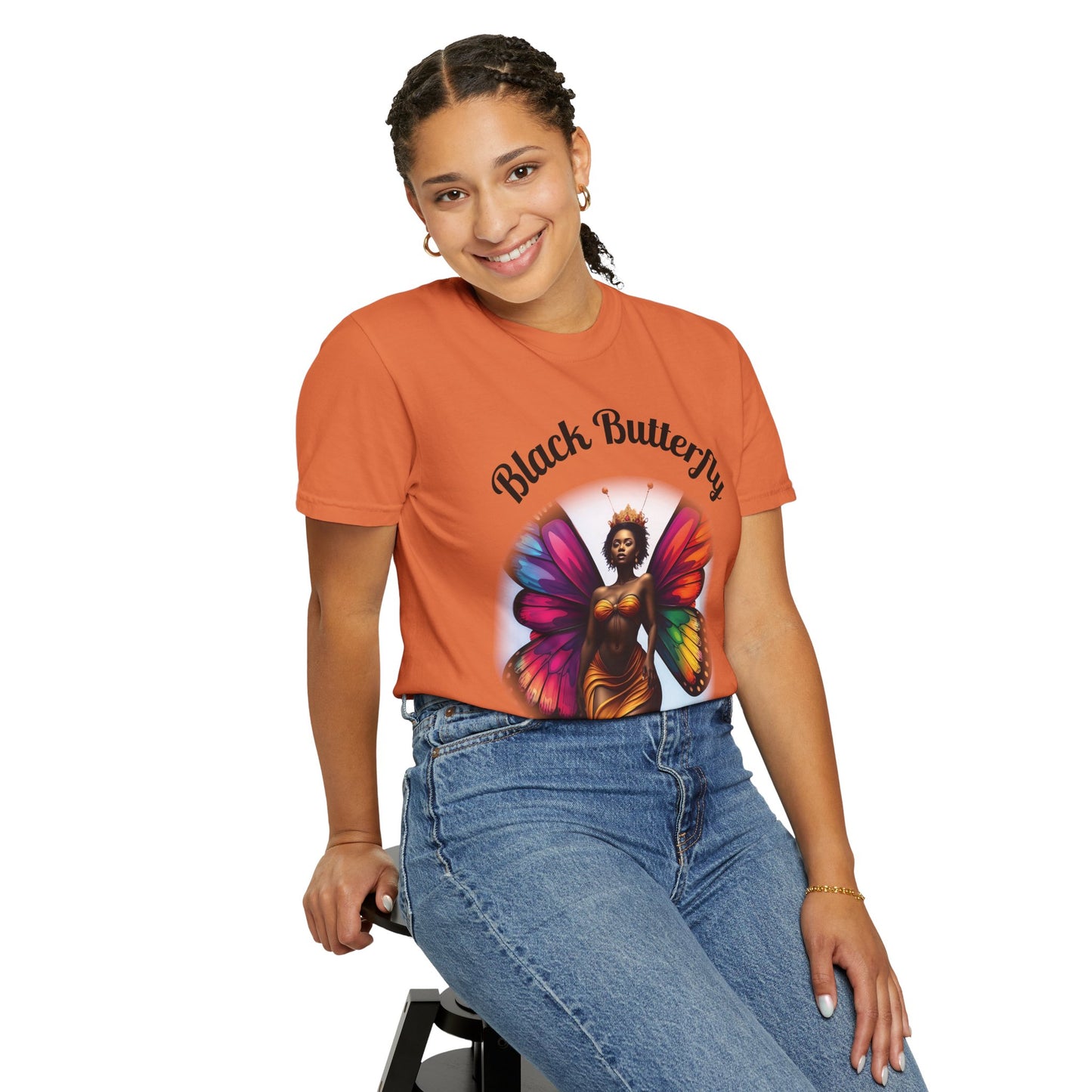 Black Butterfly T-shirt — Afro Queen Rainbow Wings Crewneck