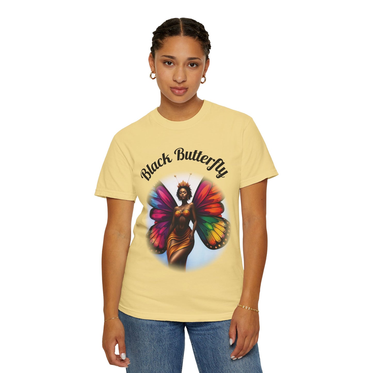 Black Butterfly T-shirt — Afro Queen Rainbow Wings Crewneck