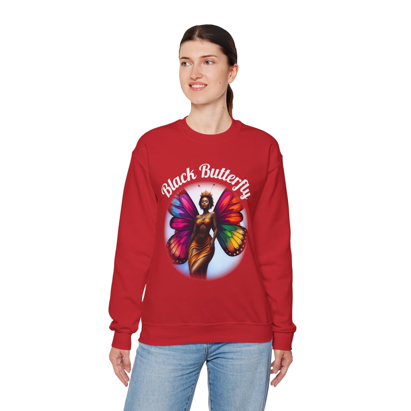 Black Butterfly Sweatshirt — Afro Queen Rainbow Wings Crewneck