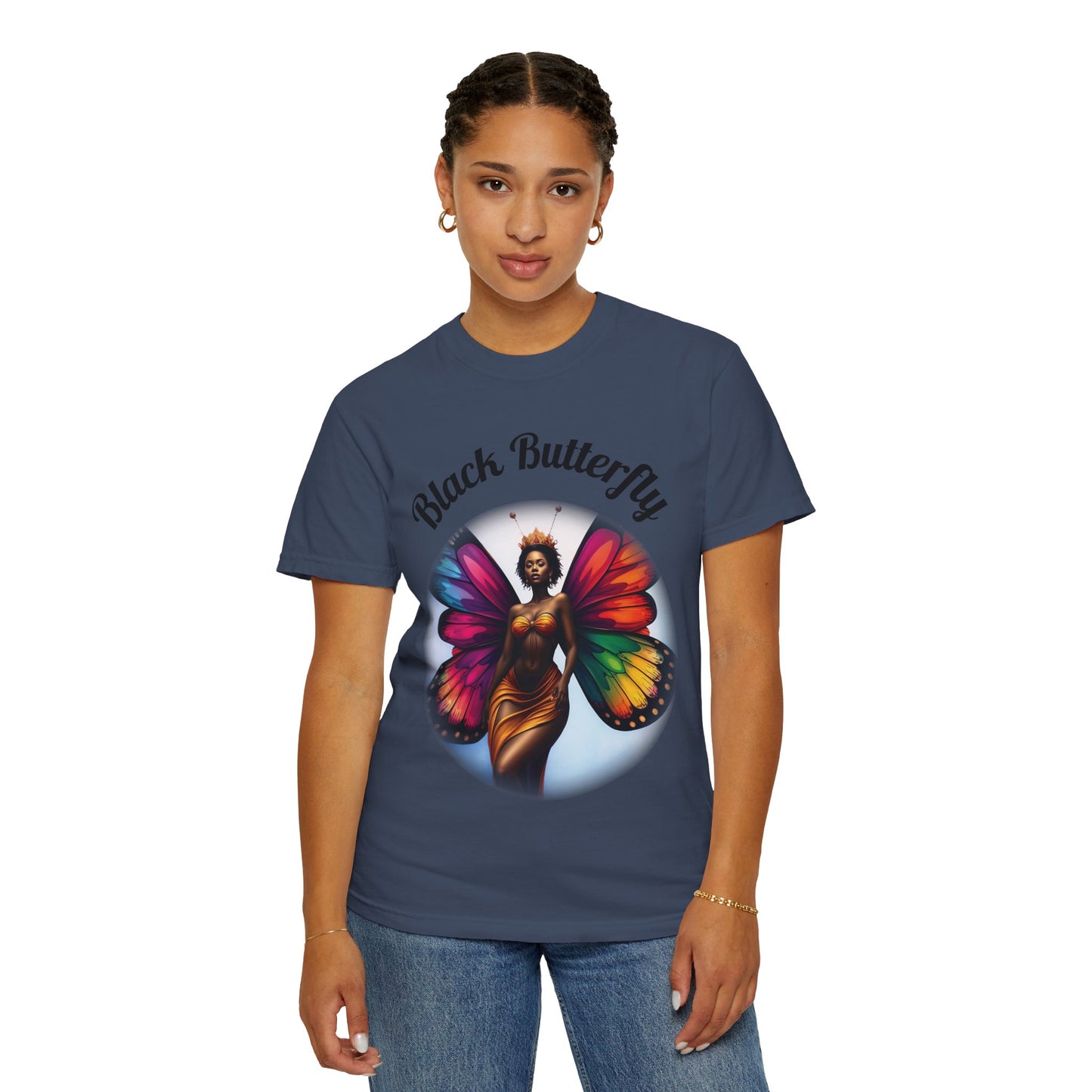 Black Butterfly T-shirt — Afro Queen Rainbow Wings Crewneck