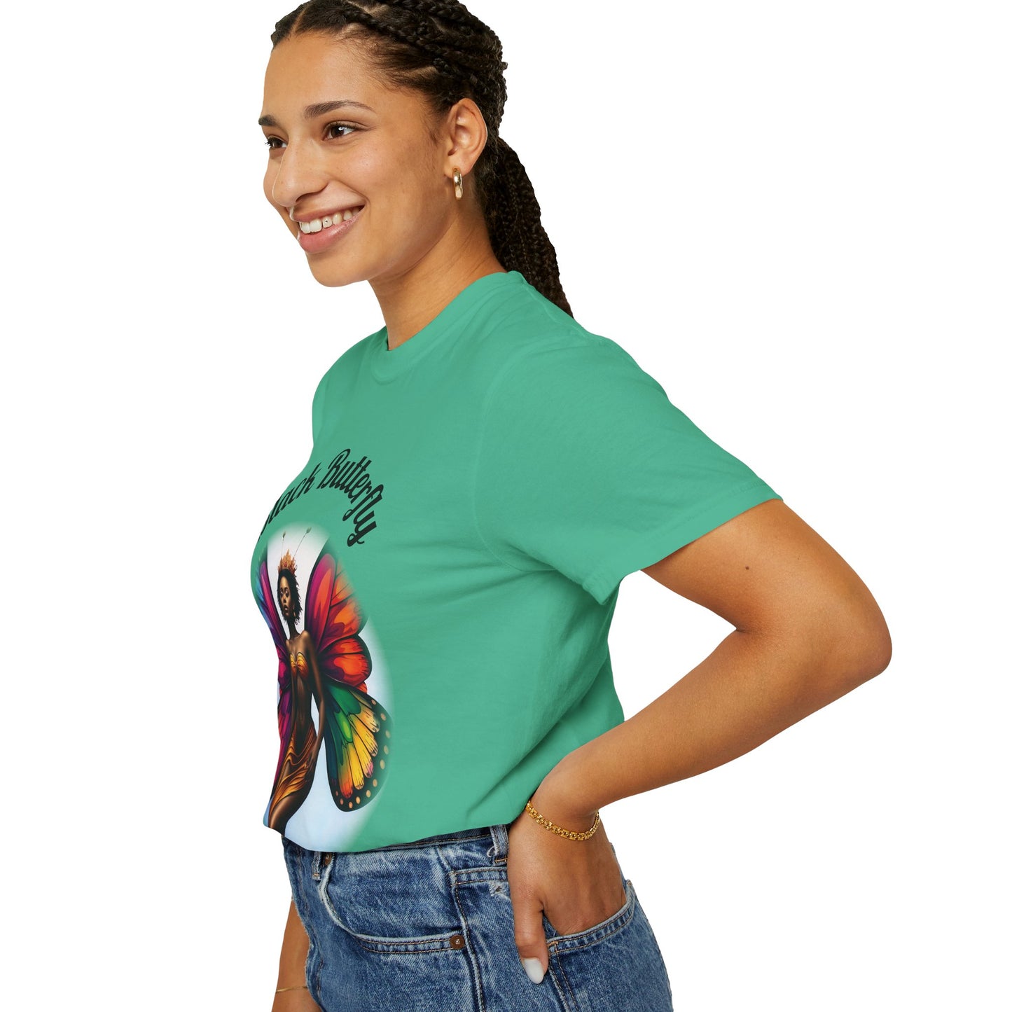 Black Butterfly T-shirt — Afro Queen Rainbow Wings Crewneck