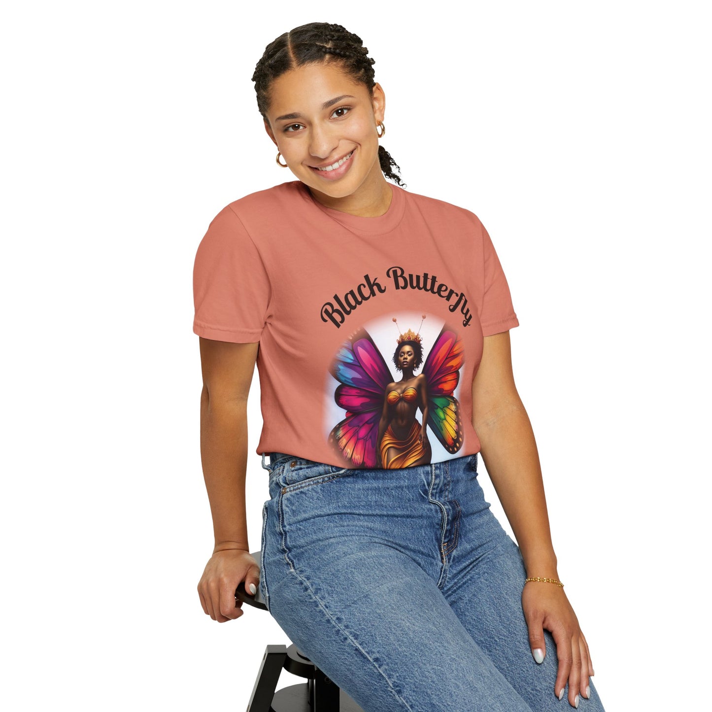 Black Butterfly T-shirt — Afro Queen Rainbow Wings Crewneck