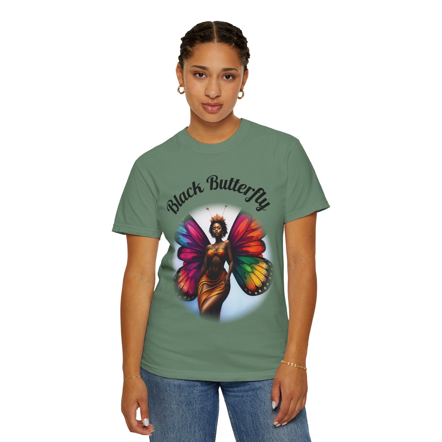 Black Butterfly T-shirt — Afro Queen Rainbow Wings Crewneck