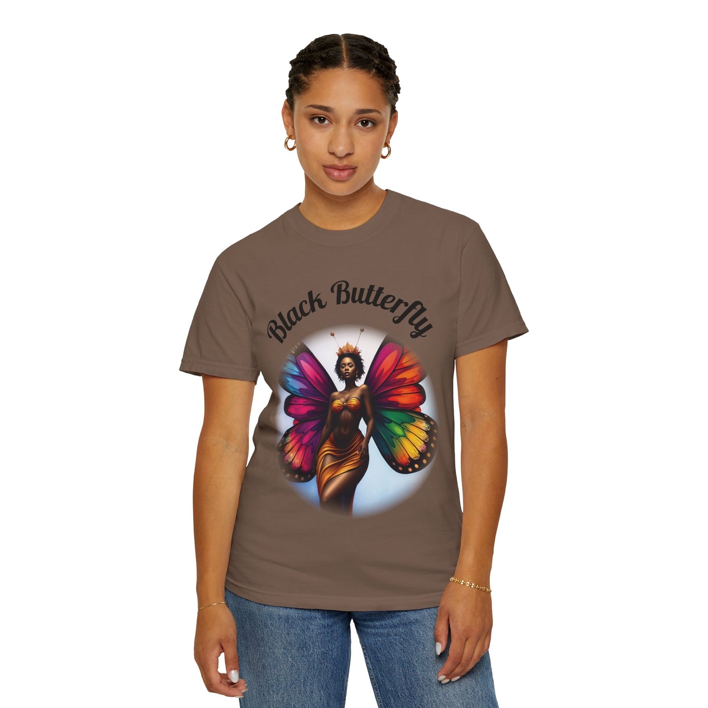 Black Butterfly T-shirt — Afro Queen Rainbow Wings Crewneck