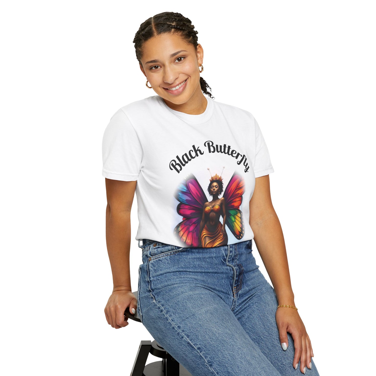 Black Butterfly T-shirt — Afro Queen Rainbow Wings Crewneck