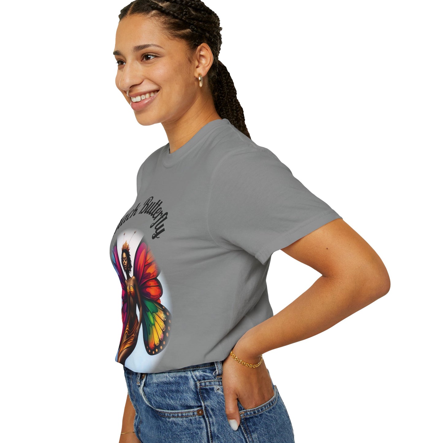 Black Butterfly T-shirt — Afro Queen Rainbow Wings Crewneck