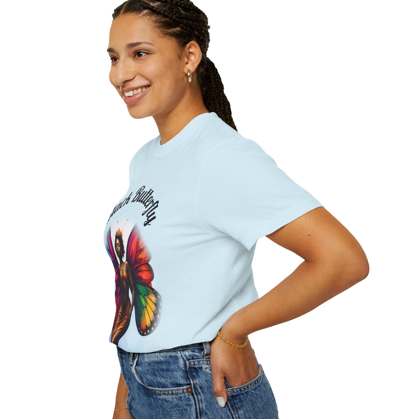 Black Butterfly T-shirt — Afro Queen Rainbow Wings Crewneck