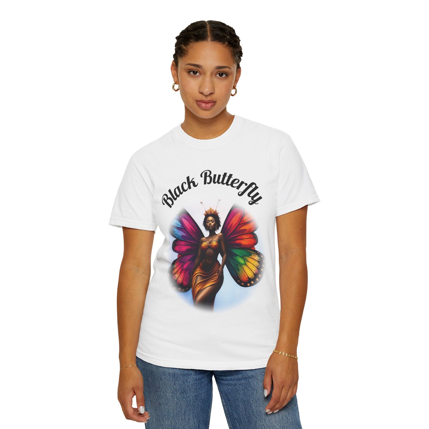 Black Butterfly T-shirt — Afro Queen Rainbow Wings Crewneck