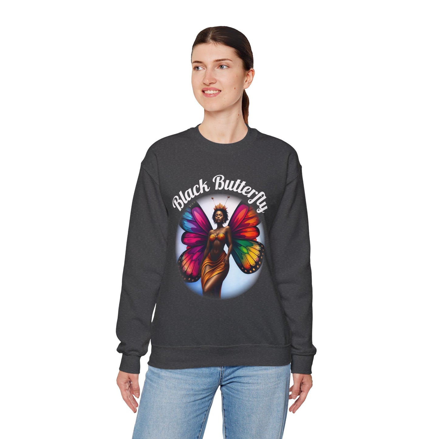 Black Butterfly Sweatshirt — Afro Queen Rainbow Wings Crewneck