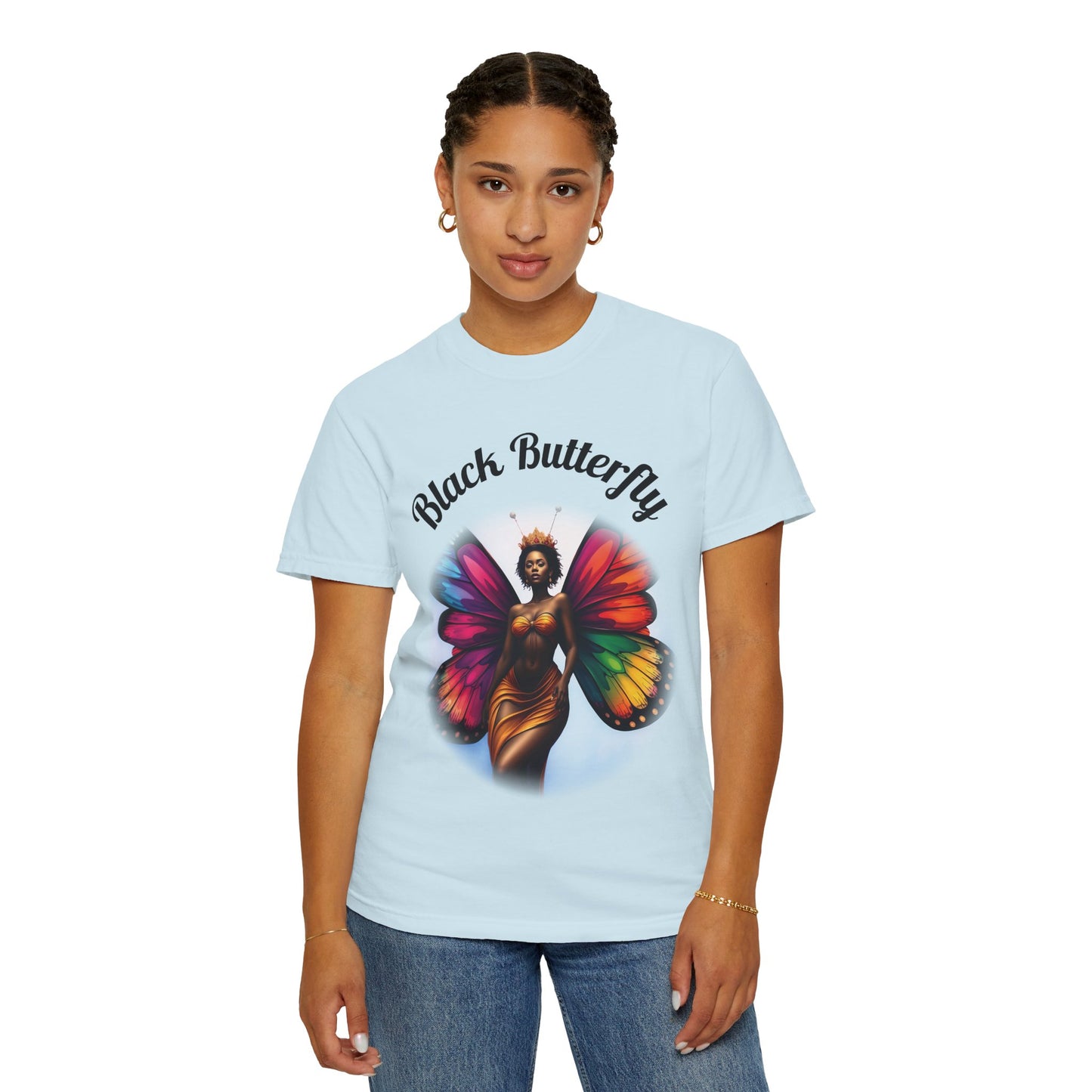 Black Butterfly T-shirt — Afro Queen Rainbow Wings Crewneck
