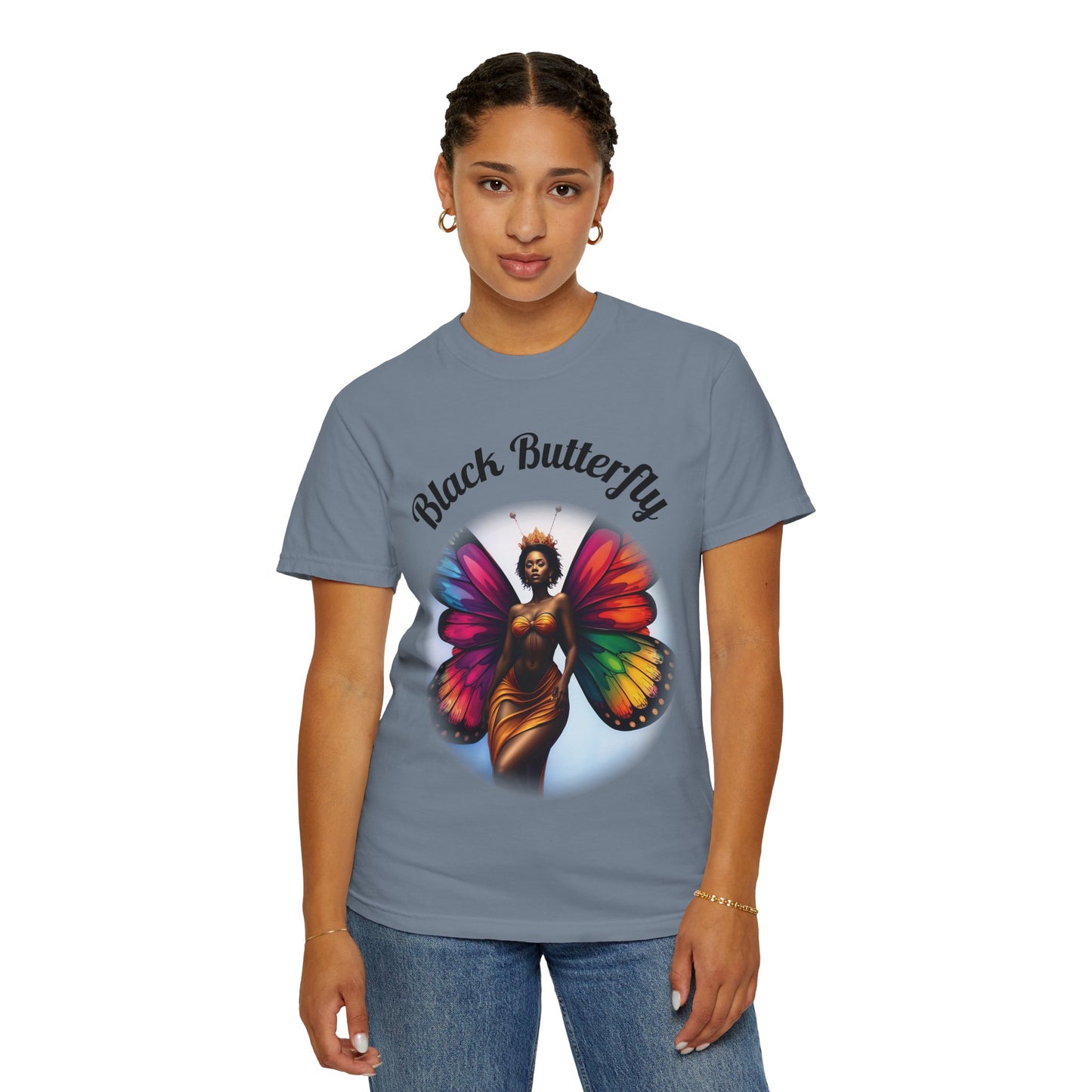 Black Butterfly T-shirt — Afro Queen Rainbow Wings Crewneck