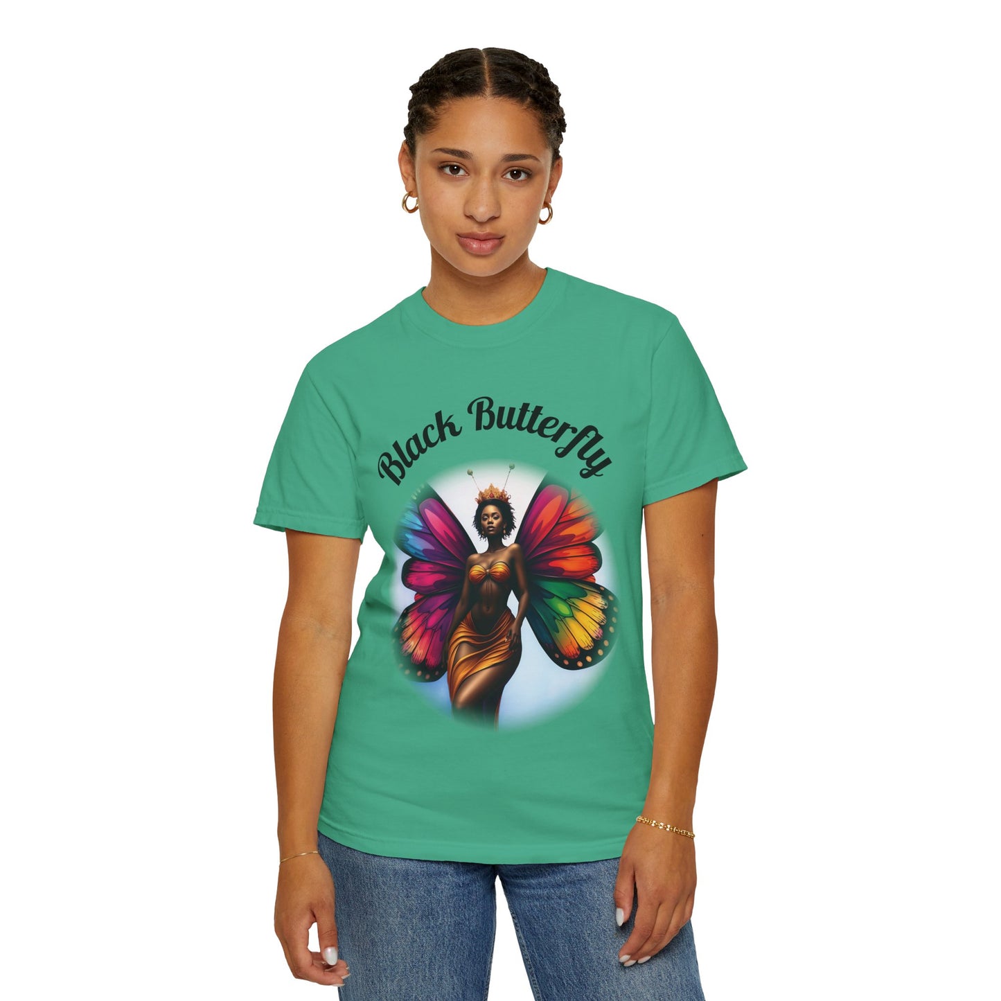 Black Butterfly T-shirt — Afro Queen Rainbow Wings Crewneck