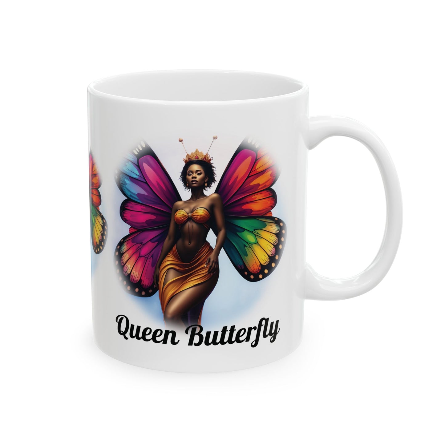 Queen Butterfly Ceramic Mug — Colorful Black Woman Butterfly Art (11oz/15oz)
