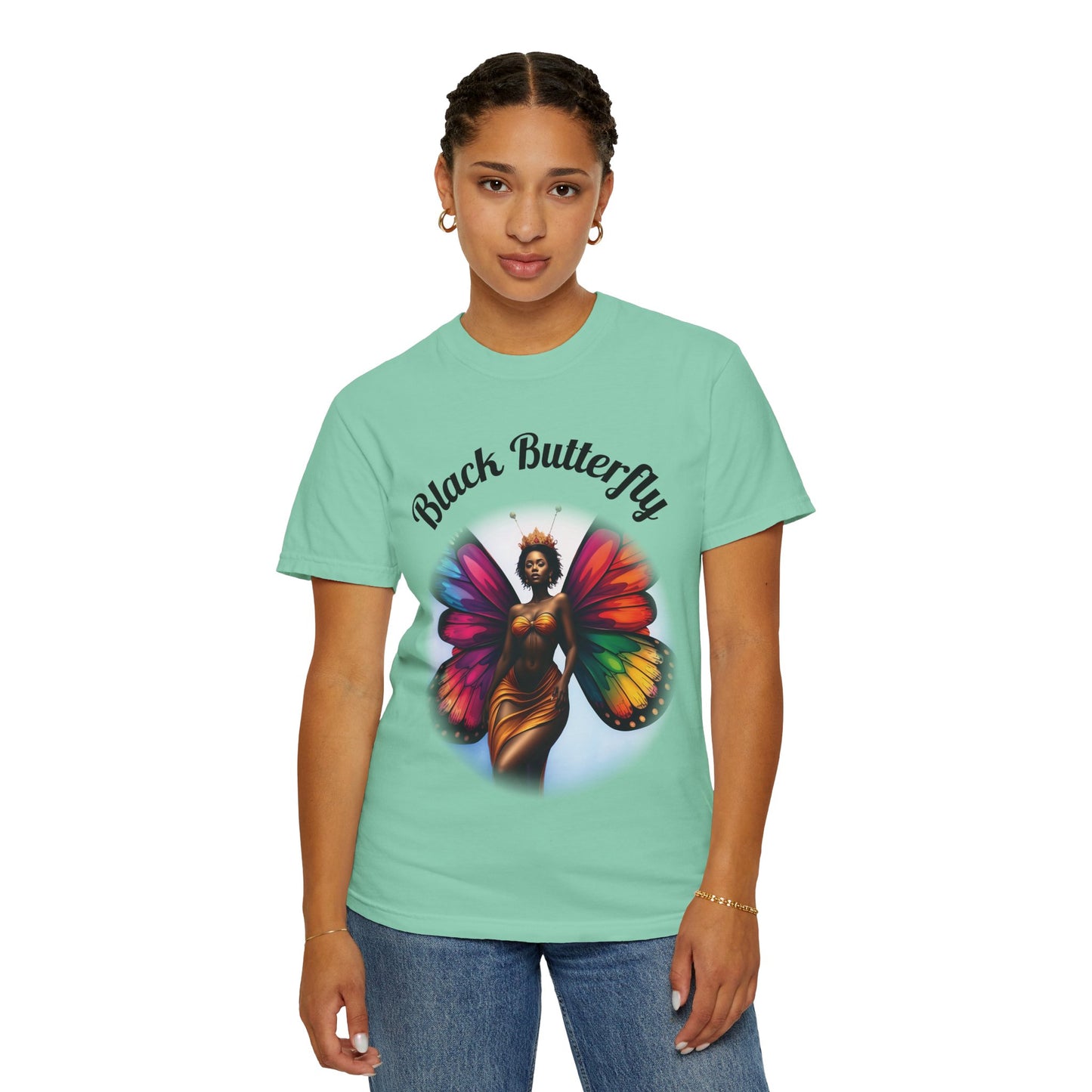 Black Butterfly T-shirt — Afro Queen Rainbow Wings Crewneck