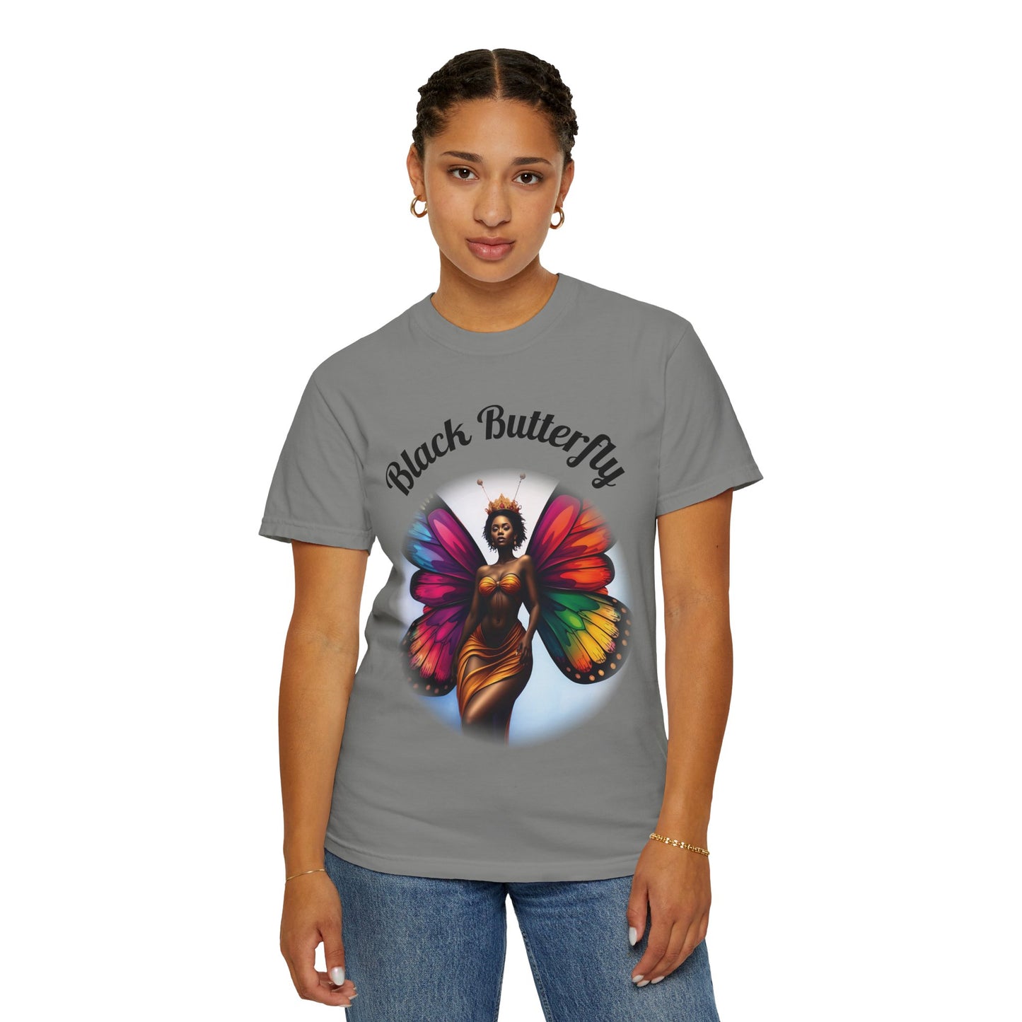Black Butterfly T-shirt — Afro Queen Rainbow Wings Crewneck