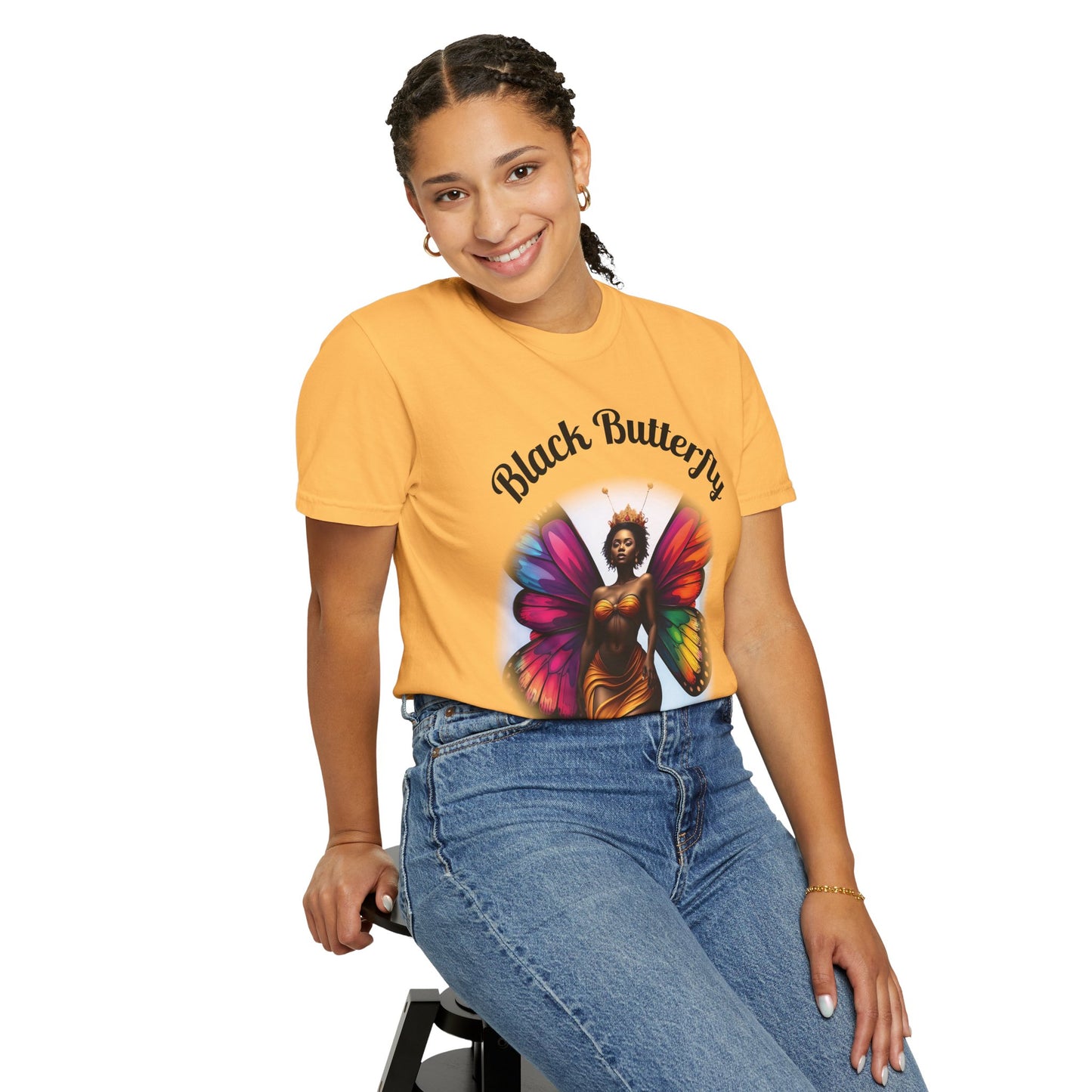 Black Butterfly T-shirt — Afro Queen Rainbow Wings Crewneck