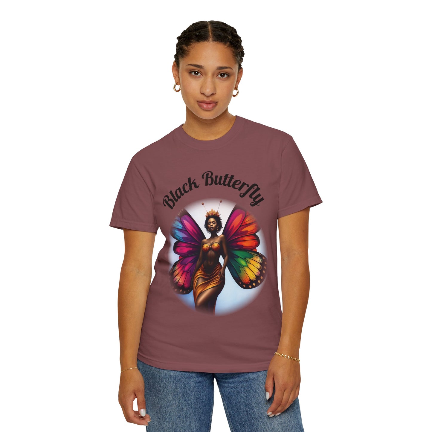 Black Butterfly T-shirt — Afro Queen Rainbow Wings Crewneck